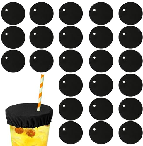 25pcs Universal Drink Covers Anti Spike Scrunchies, Elastic Stretchable Polyester Cup Cover with Straw Hole Reusable Drink Protector Cap for Women Fits Most Glass Cups (Black)