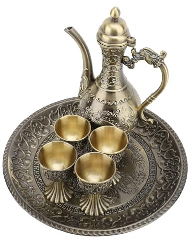 Luocute Service à thé Turc, Ensemble de Cafetière Turque Vintage en Métal avec 4 Tasses à café et Plateau à thé, Ensemble de Théière Turque de Luxe, Verres à Artisanat d'art, de