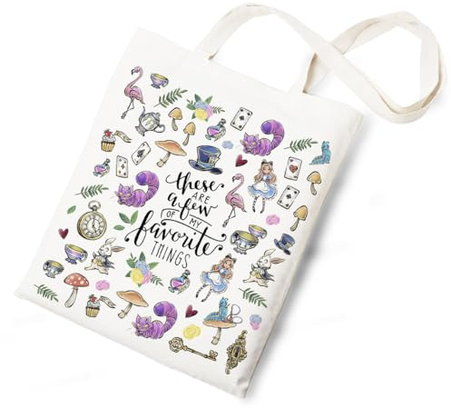 Tuilia Fairy Tales Fans Gift for Women Alice Tote Bag Movie Princess Lover Gift for Sisters Friends Movie Fans Canvas Talking Rabbit Pocket Watch Mushroom Flamingo Pattern Tote Bag for Women