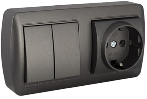 Base Schuko con doble conmutador, color grafito, serie mural, para controlar luces y dispositivos eléctricos en espacios interiores.