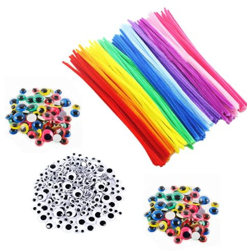 0XBIT 600 Stück Wackelaugen Klein, Kunststoff Augen zum Aufkleben, Bastelaugen Selbstklebend mit 100 Bunt Gedrehten Stäbchen, Wackelaugen Selbstklebend für Dekoration, Kunsthandwerk