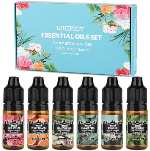 LUCPICT Set med eteriska oljor, 6 x 10 ml aromaterapi, aromolja för diffusor, ren naturlig doftolja, presentset för luftfuktare, massage, tvätt, tvåltillverkning, ljustillverkning