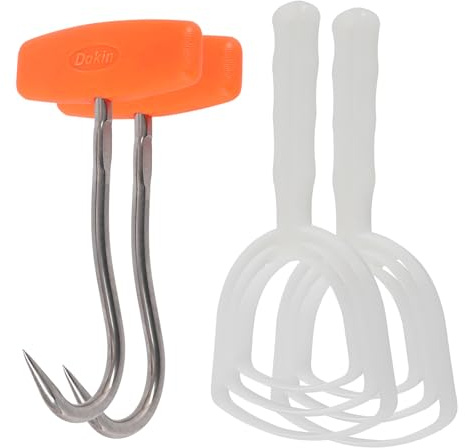 DISWALE 2 Pcs Bone Dust Scraper and 2 Pcs Meat Hooks for Butchering Fish Scale Scraper Bone Stainless Steel T Shaped Boning Hooks with Handle White Square Meat Remover Butcher Tool Kit
