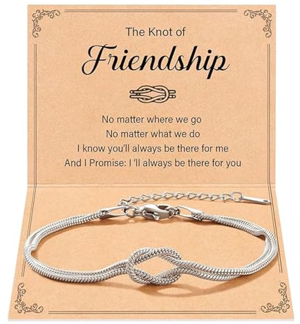 BelleVive Pulseras de la Amistad, Pulsera de Nudo de Amor de Acero de Titanio, Cadena Delicada de Serpiente, Pulsera de Infinito con 1 Tarjeta, Joyería Dorada Ajustable, Regalos para Mujeres, Plata 1