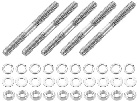 sourcing map 5pcs Double Ended Stud Screws, M8x75mm 304 Stainless Steel Dual Threaded Rod Bolts with Nuts and Flat & Lock Washers Double End Threaded Stud Screw Bolt for House Maintenance