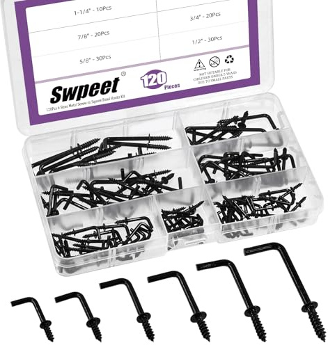 Swpeet 120pcs 6 Größen Schwarzes Metall Schraub-in Quadrat Biegen Haken Kit, Quadrat Biegen Haken L geformte Selbstschrauben Haken L Typ Fotorahmen Rechtwinkel Haken für Zuhause/Arbeitsplatz