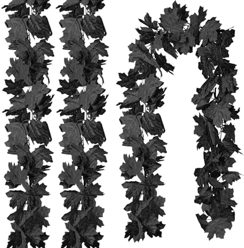 CQURE 3 Pack Artificial Autumn Fall Maple Leaf Garland, 5.9Ft/Piece Autumn Garland Fall Leaves Hanging Vine Halloween Thanksgiving Decor for Home Fireplace Party (Black)