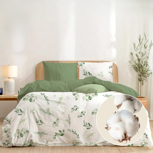 Dreamzie Bettwäsche 155x220 Baumwolle 3-teilig - Grüne Blätter - 1 Bettbezug 155x220 + 2 Kissenbezug 80x80 - Bettwäsche-Set mit Reißverschluss - Oeko-Tex - Pflegeleicht & Bedruckt