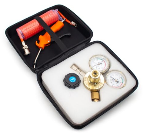 Toplionace Kit Regolatore di Elio ad Alta Pressione a Doppio Manometro, Valvola in Ottone Massiccio, Pistola di Soffiaggio, Tubo Flessibile Intrecciato Solo per Bombole di Elio