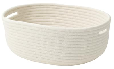 Large Handmade Cotton Rope Storage Basket with Handles - Nordic Style for Home, Toys Nursery Decor, Skin Care & Desktop Organizer, Small Basket for Storage, Bathroom, Nursery (Solid White)