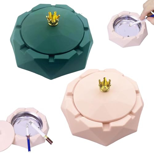 2 Packs Stainless Steel Ashtray with Lids, Crown Cigarettes Ash Trays for Inside or Outside Smoking-Ash Tray for Home Office Garden Bar Pub