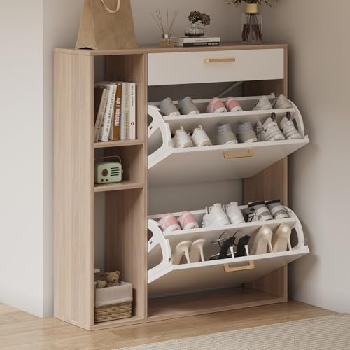 Saitedudu Schuhschränke schmal, Schuhkipper mit 2 Flip-Schubladen und 1 Schublade,Schuhregal schmal mit 3 Regalböden für den Eingang, Flur, Wohnzimmer oder Veranda 90x80x24cm (976W)