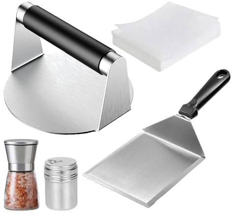 Smash Burger Press Kit - Stainless Steel Burger Smasher & Wide Spatula Set with 100pcs Patty Paper, Shakers, Tongs - Heavy Duty Griddle Accessories BBQ Tools for Flat Top Grill & Cast Iron Skillet