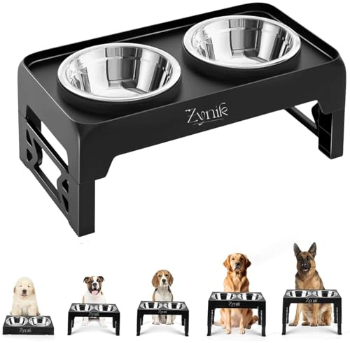 Zynik Raised Dog Bowl 5 Height Adjustable, Elevated Dog bowls with 2x 1300ML Stainless Steel Bowls, for Small Medium & Large Dogs, Non-Slip and No Spill, Black