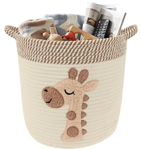 Toy Storage Basket,Woven Cotton Rope Storage Baskets with Embroidery Decor for Kids,Laundry Blanket Basket Dirty Clothes Baskets with Handles for Living Room,Nursery,Kids Bedroom