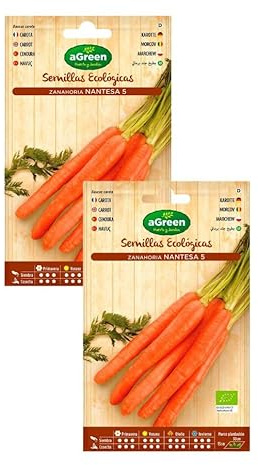 AGreen Semillas Ecológicas de Zanahoria Nantesa 5, Certificadas Orgánicas, Pack de 2 Sobres, Sin Tratamientos Químicos