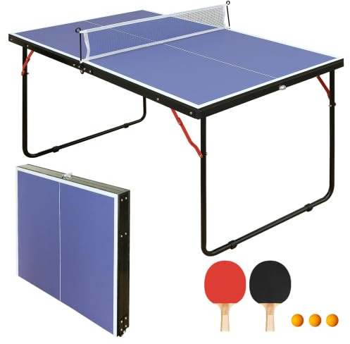 Klappbare Tischtennisplatte, platzsparender Tischtennistisch, wetterfeste Mini Tischtennisplatte, faltbar für Outdoor & Indoor, kleine mit Standfuß, Blau