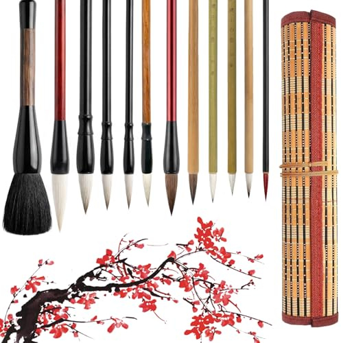 GOCUODE Chinesischer Kalligraphie Pinsel Set,12 Stück Japanischer Sumi Zeichenpinsel, Chinesische Pinsel Tusche für Anfänger Studenten (12 pcs)