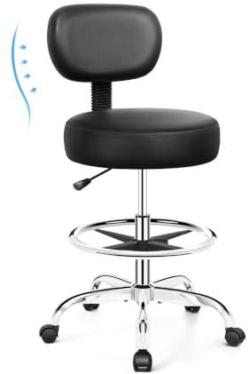 Capsste Drafting High Chair with Back, Leather Rolling Stool Height Adjustable Seat Height 70-93Cm, 10Cm Thick Seat Cushion, Support Up to 120Kg, for Studio Home Bar