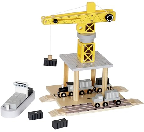 Hafenkran Holz Spielzeug mit Magnetkran – 360° drehbarer Kran, LKW, Anhänger, Güterwagen & Zubehör, Container Hafen Spielset aus Holz, Kran Spielzeug für Kinder ab 3 Jahren