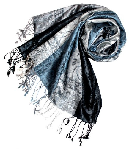 Lorenzo Cana lyx dam pashmina halsduk halsduk jacquard vävd 100 % siden 70 cm x 190 cm parallellmönster silver blå sidenhalsduk sidenduk sidenpashmina harmoniska färger 78052