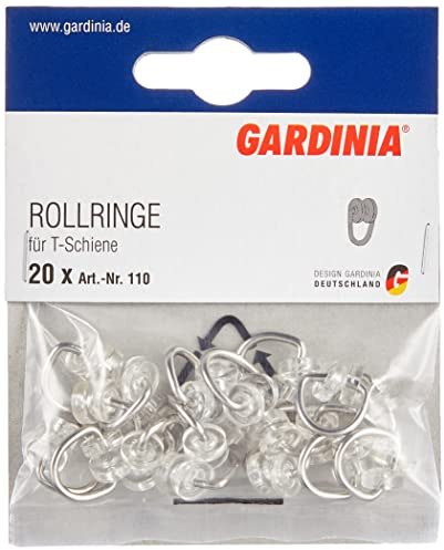 GARDINIA Rollringe für Vorhangschienen/T-Schienen, T-Rollring, Metall/Kunststoff, Silber/Transparent, 20 Stück