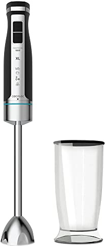 Cecotec Mixeur Plongeant PowerGear 1500. X-Blades : Lames de 4 Feuilles avec Revêtement en Titane et Cloche Anti-éclaboussures, Inclus : Verre avec Couvercle, 21 Vitesses et Turbo, 1500 W.