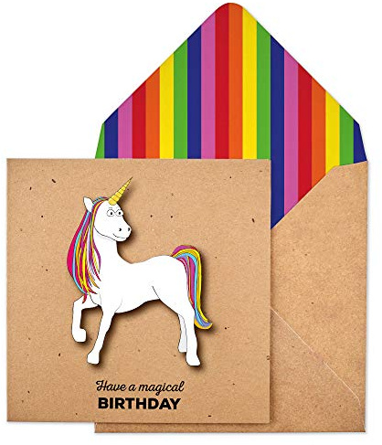 Tarjeta de felicitación de unicornio hecha a mano con sobre arcoíris