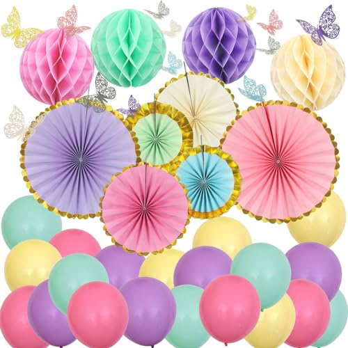 ZERODECO Pastell Party Dekorationen, 3D Schmetterling Wand Dekor Bunte Papier Honigwaben Fans Pompoms Ballons für Kinder Baby Erwachsene Jungen Mädchen Pastell Baby Dusche Geburtstag Dekorationen