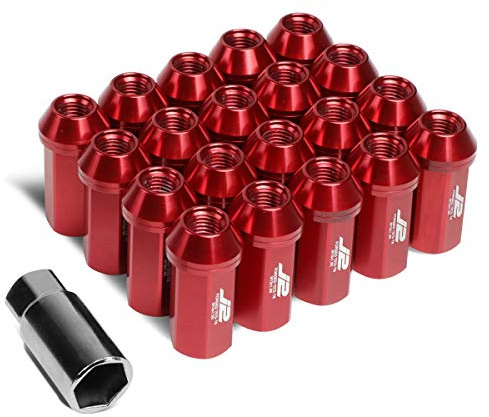 J2 Engineering 20 Stück 7075 Aluminium geschlossenes Ende M12 x 1,5 Radmuttern Set mit Stecknuss-Adapter, rot, passend für konischen Sitz, LN-T7-005-15-RD