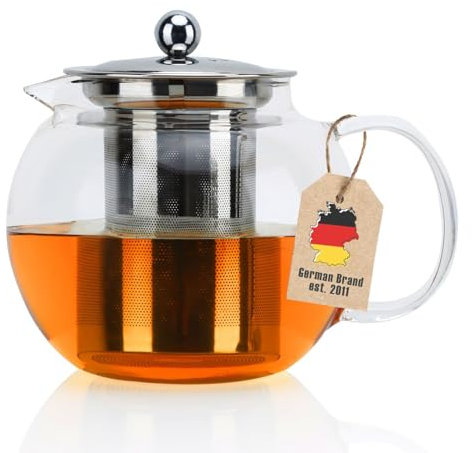 Inirilife Teiera con filtro 800ml in CHIARO - Caraffa di vetro in vetro borosilicato con inserto a setaccio resistente al calore, adatta per bevande calde e fredde - acqua caffè ghiaccio tè ecc.