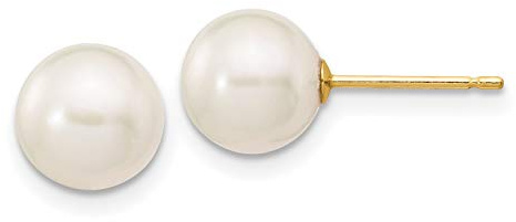 14k Yellow Gold Freshwater Pearl Stud Earrings 7–8mm, White Cultured Pearl Fine Jewelry for Women