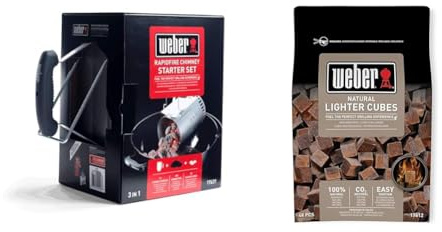 Weber 17631 - Set Chimenea con briquetas Encendido Blancas, INOX, 2 kg / 6 Pastillas + 17612 - Bolsa de 48 Pastillas de Encendido marrón
