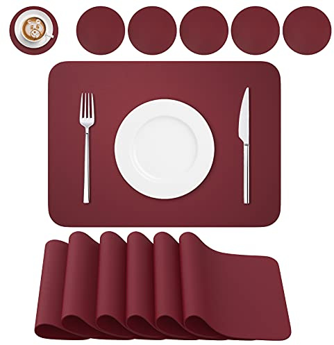 BANNIO 6er Set Tischsets Abwaschbar,Abwischbar Lederoptik Platzset und Untersetzer,Wasserdicht PVC Platzdeckchen Tischset für Hause Küche Restaurant und Hotel,41x31cm,Rot