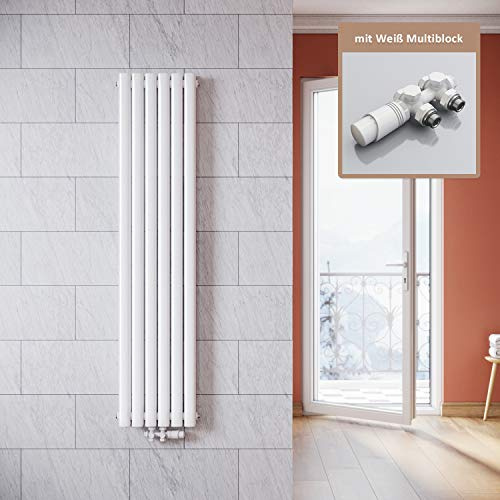ELEGANT Vertikal Heizkörper Design Weiß 1600x354mm mit Multiblock Weiß Thermostat Röhrenheizkörper Doppellagig Badheizkörper Mittelanschluss