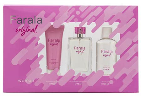 FARALA - Original Estuche Regalo de Mujer, Perfume 75ml + Crema de Cuerpo 75ml + Gel de Baño 100ml, Pack Farala Original 3 Piezas, Femenina, Floral y Fresca, de Larga DuraciónElegante y Juvenil