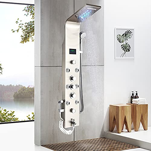 TVTIUO Brushed Nickel Shower Panel Tower Wall Mounted Tower System Shower Tower Panel 6 Functions with 4 Massage Jets…