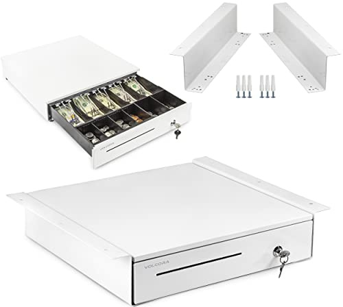 Volcora Cash Register Drawer with Under Counter Mounting Bracket - 16 White Drawer for POS, 5 Bill 6 Coin Cash Tray, Removable Coin Compartment, 12-24V RJ11/RJ12 Key-Lock, Media Slot - for Business