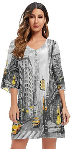 Mnsruu Oil Painting New York City Damen Casual Chiffon Minikleid 3/4 Ärmel V-Ausschnitt, mehrfarbig, XXL/3XL