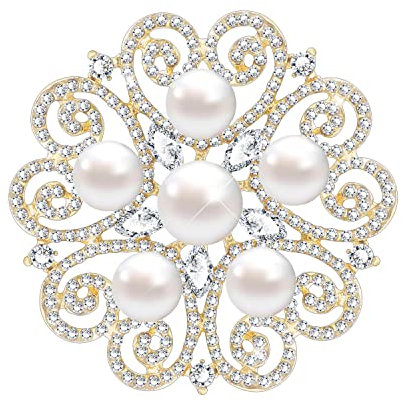 KristLand Blume Brosche Retro Art Deco Gold Ton Blume Outfits Brosche mit funkelnden Kristall Perle Hochzeit Party Braut Geburtstag Brustnadel Corsage Geschenk für Frauen Damen