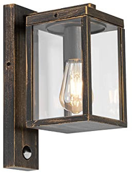 Qazqa - Industrie I Vintage I Außen Wandlaterne AntikGold I Messing mit Bewegungssensor IP44 - Charlois I Außenbeleuchtung - Aluminium Rechteckig - LED geeignet E27