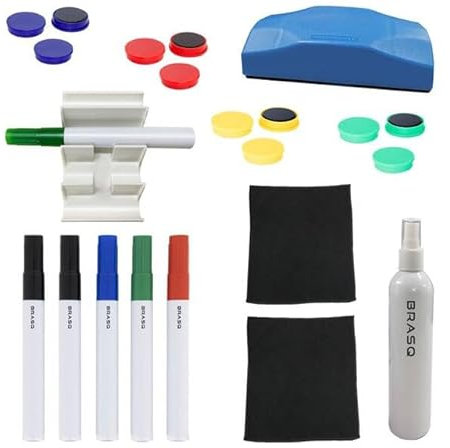 BRASQ Whiteboard Zubehör Set, 5 Boardmarker, 1 Whiteboard Reiniger, 12 magnete, 1 magnetischer Schwamm und 2 Reinigungstücher zum Beschriften und Reinigen von Whiteboards