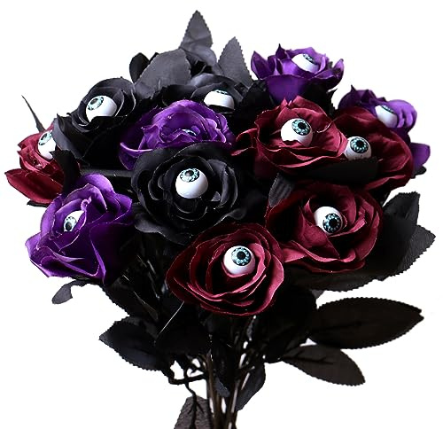 YXYQR Halloween-Blumen mit Augen, gruselige Rosen für drinnen und draußen, schwarz, rot, violett, mit Augäpfeln, künstliche Blumensträuße für Topfgirlande, Party, Heimdekoration, 12 Stück