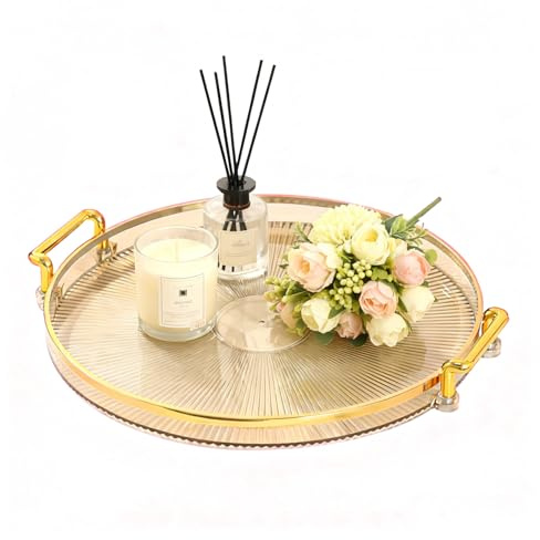 Tissting Tablett Runde 27cm Transparente Kunststoff Obsttablett Snack Teller mit Griffe, Europäischen Stil Badezimmer Deko Tablett Schmucktablett für Home, Restaurant, Bernstein Gold