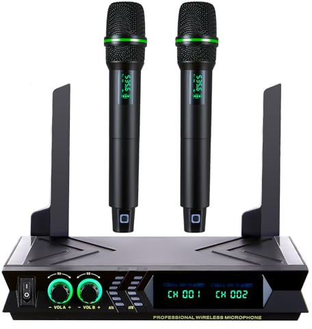BXTYVZAU Wireless Microphone Systems, DUAL UHF Wireless Microphone Set, Karaoke Microphone Wireless, Handheld Dynamic Microphones, 200ft Cordless Microphone for Singing, Church, Party, Wedding, Speech