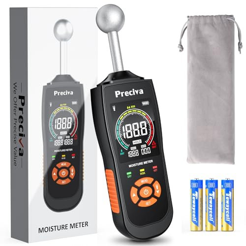 Preciva Misuratore di Umidità Digitale LCD Senza Ago Professionale, Analizza profondità da 5 a 40 mm, Allarme Acustico per Legno, Pareti, Pavimenti,Adatto per tutti i tipi di materiali da costruzione