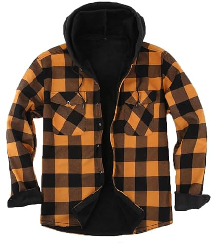 Iris Sprite Camisa a cuadros para hombre, acolchada, con forro cálido, camisas casuales a cuadros con bolsillo, chaqueta a cuadros con capucha para hombre, amarillo, XXL