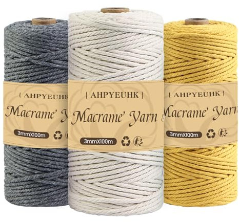 AHPYEUHK Corde à Macramé 3mm en Coton, 3 Rouleaux de 100m, Gris Foncé + Beige + Curcuma, Parfaite pour Suspensions Murale et Plantes, DIY, Bricolage, Décoration