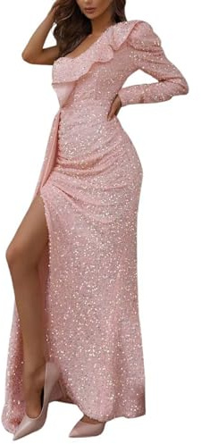 boseucn Abendkleider Glitzer Lang, Pailletten Kleid Damen Eine Schulter Langarm Partykleid Glitzer Abendkleider Sexy Schlitz Abendkleid Cocktailkleid Kleider Paillettenkleid Maxikleid