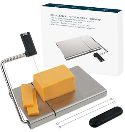 KITCHENDAO Auswechselbarer Käseschneider mit Draht, Käsehobel mit Brett und Messgitter - Einstellbare Dichtigkeit aus Edelstahl für Blockkäse-Spülmaschinenfest, mit 2 Extra Drähten